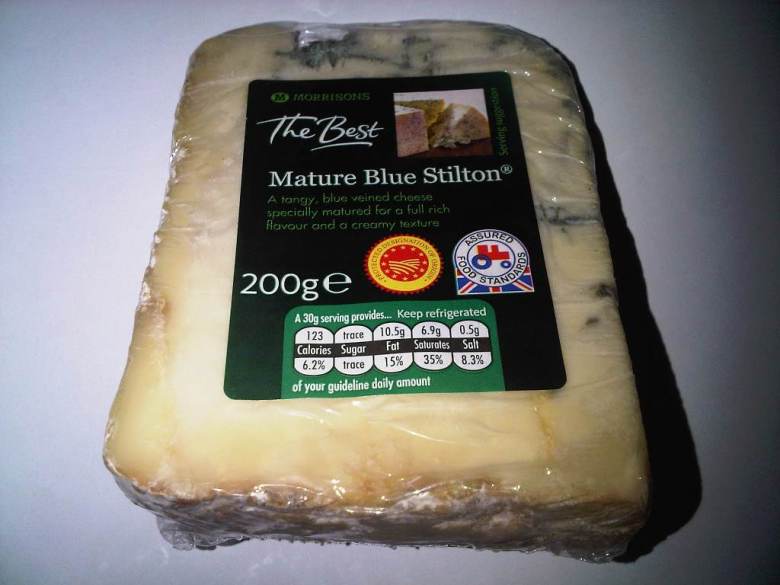 “Morrisons Mature Blue Stilton with PDO Logo.jpg” Blue Stilton from Morrisons supermarket which displays the Protected Designation of Origin (PDO) logo (in red). Photo: Matthew J Rippon.