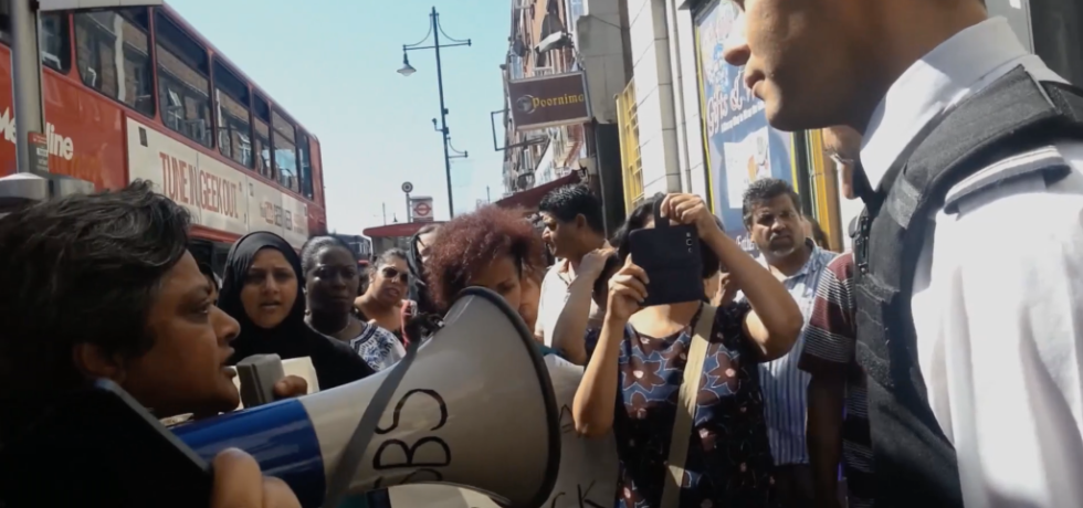 Still from the film Everyday Borders depicting a protest organised by women from the Southall Black Sisters. Everyday Borders was directed by Orson Nava and was produced as part of the EUBorderscapes project.