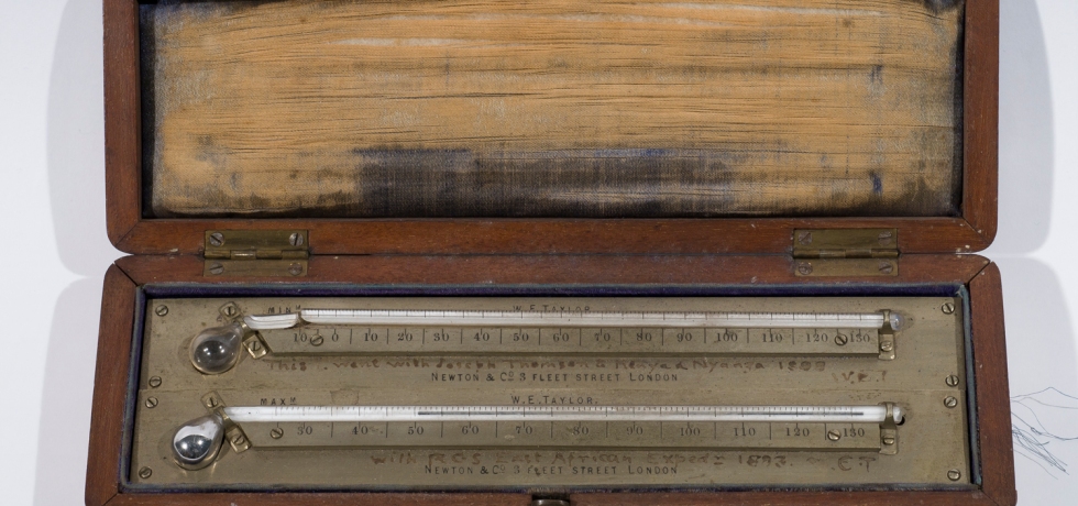 Maximum and minimum thermometers used by Joseph Thomson on the Royal Geographical Society expedition through Masailand in 1883.